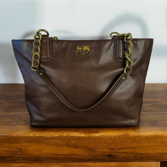 Coach Madison Brown Leather Tote Bag with Gold Chain Detail - Picture 8 of 12